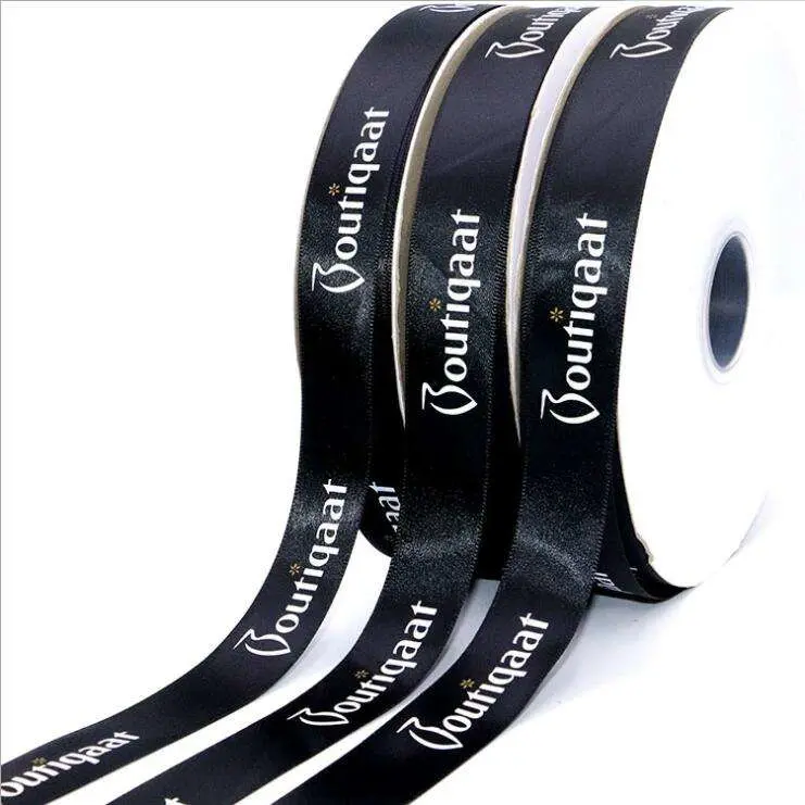 Custom Printed Wholesale/Supplier Logo Wedding Decoration 1 Inch 2inch Gold Logo Black Satin Ribbon Wholesale/Supplier