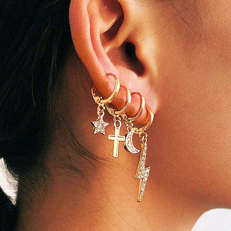 Fashion Jewelry Set Lighting Shock Moon Star Cross Drop Hoop Earrings Set