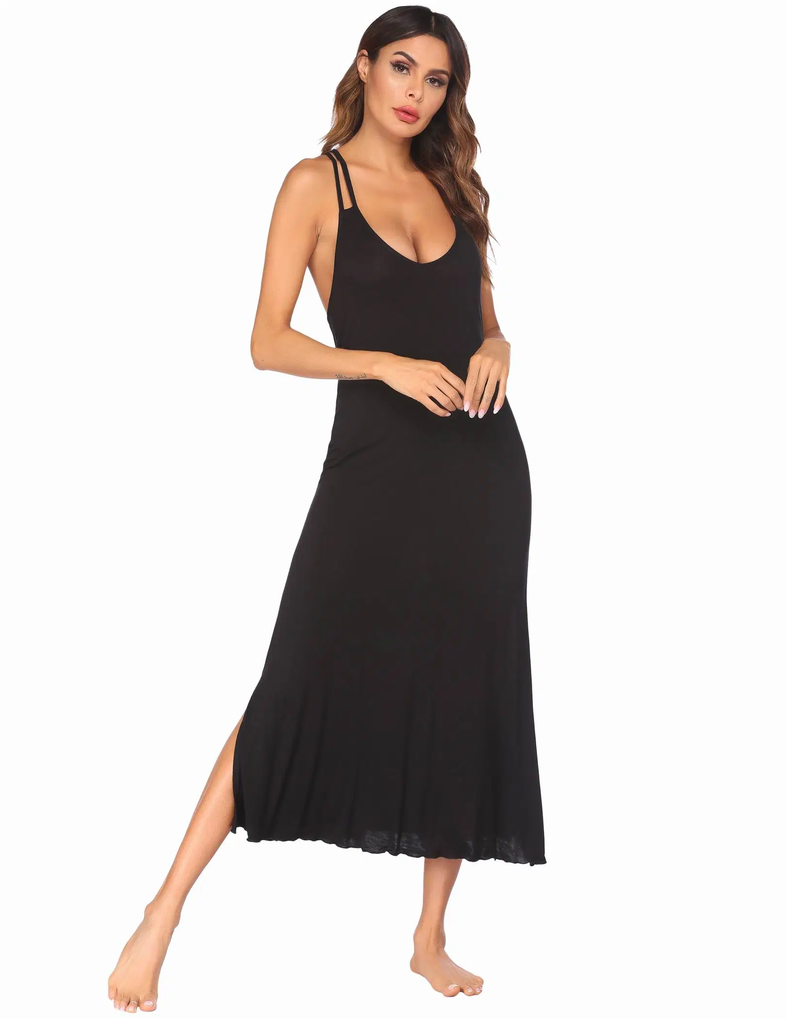 Mesdames fashion robe longue des femmes d'été col V sexy robe sans manches Slim