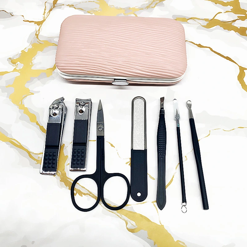 SS 7-Piece couro Rosa Nail Suit upscale Nail Clipper Preto Conjunto de pedicure manicure presente completo