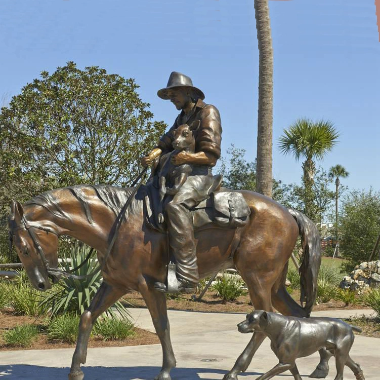 Park Decoration Life Size Bronze Man Riding Horse Sculpture (1)