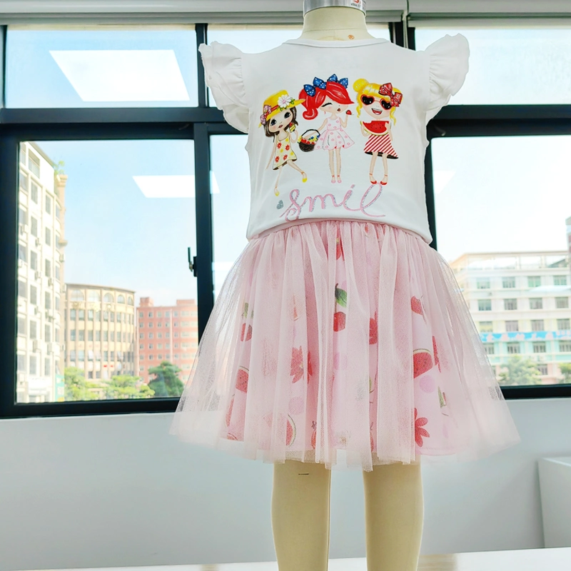 Ropa niñas ropa para niños' de verano de manga corta malla impresa + ropa falda corta