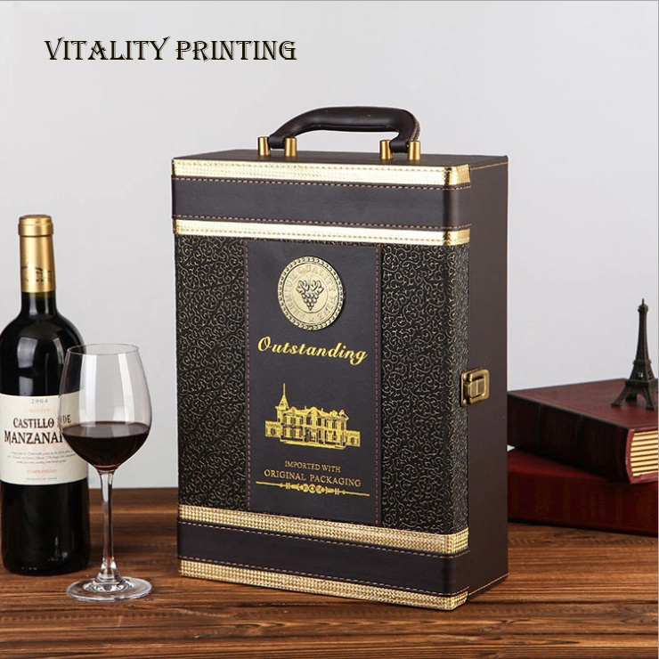 Custom Wholesale/Supplier Luxury Europe Style Classical Portable PU Leather Wine Packaging Box Liquor Wooden Gift Packing Box/Spot Leather Case/Two Bottles Package