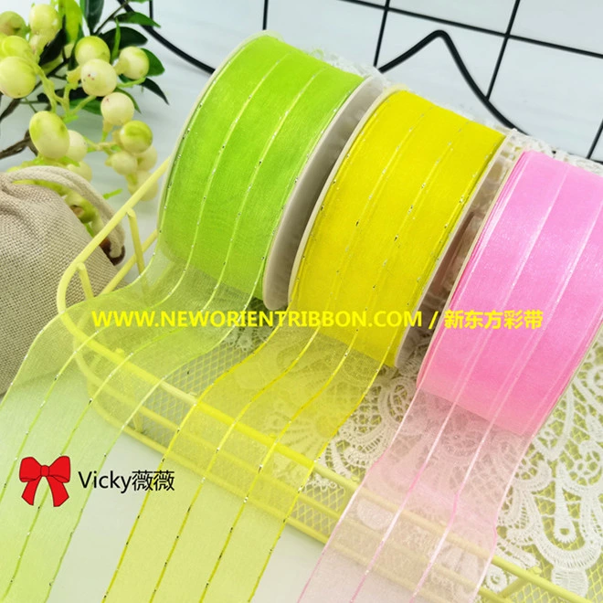 Customer Ordered Organza Ribbon with Metallic Stripes for Gifts Box/Bow/Packing