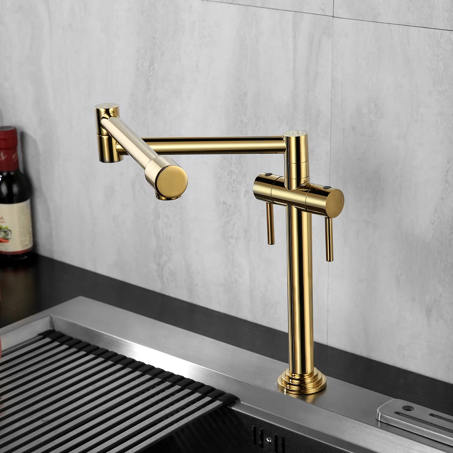 Double Lever Handle with Dual Joint Swing Arm Sink Faucet Titanium Gold Kitchen Pot Filler Faucet