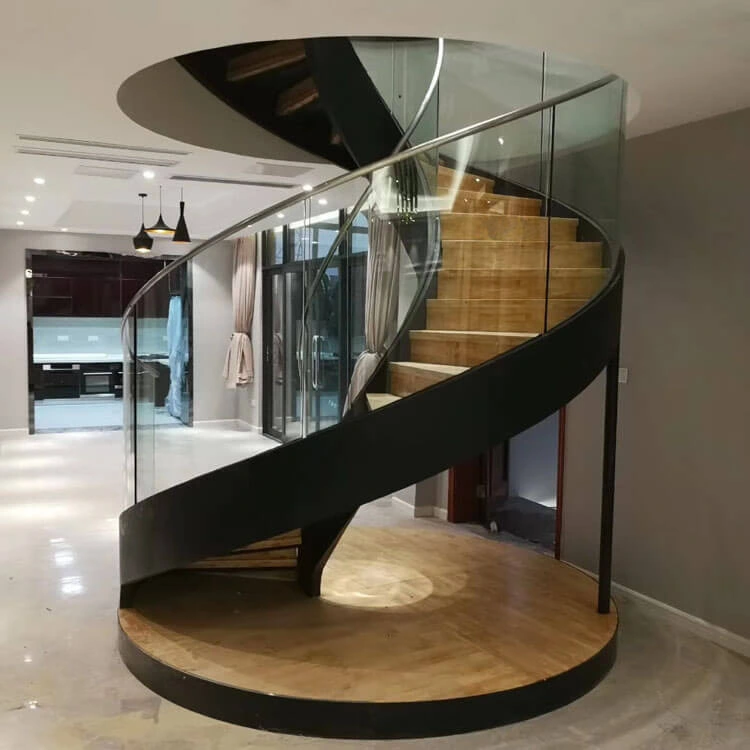 Curved Staircase Glass Railing Steel Spiral Staircase Design Au Standard LED Light Wood Stairs