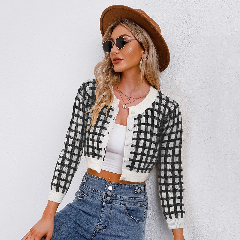 2023 Plaid Print Short Long Sleeve Fashion Reitted Cardigans para mujer Suéteres