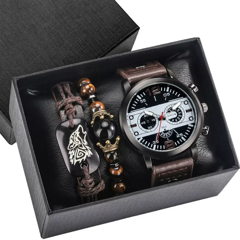 Geschenk Luxus Customized Uhr für Männer Armband Set Quarz Handgelenk Uhren Leder Schwarz Business Boy Geschenk Reloj Hombre