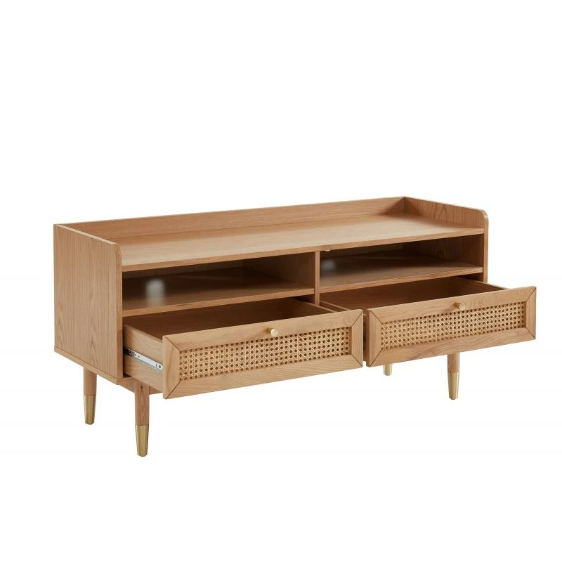 Mueble de TV de madera de color natural sólido de estilo nórdico retro de Nova Nordic con 2 cajones y armario de ratán natural