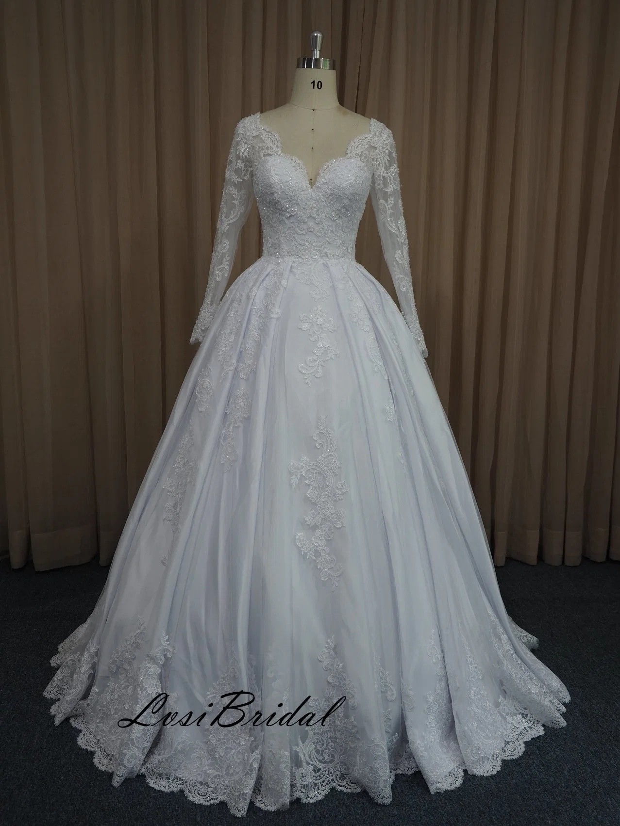 1182 Long Sleeve and V Neckline Heavy Beads Wedding Dress with 75 Inch Train Ball Gown Skirt White