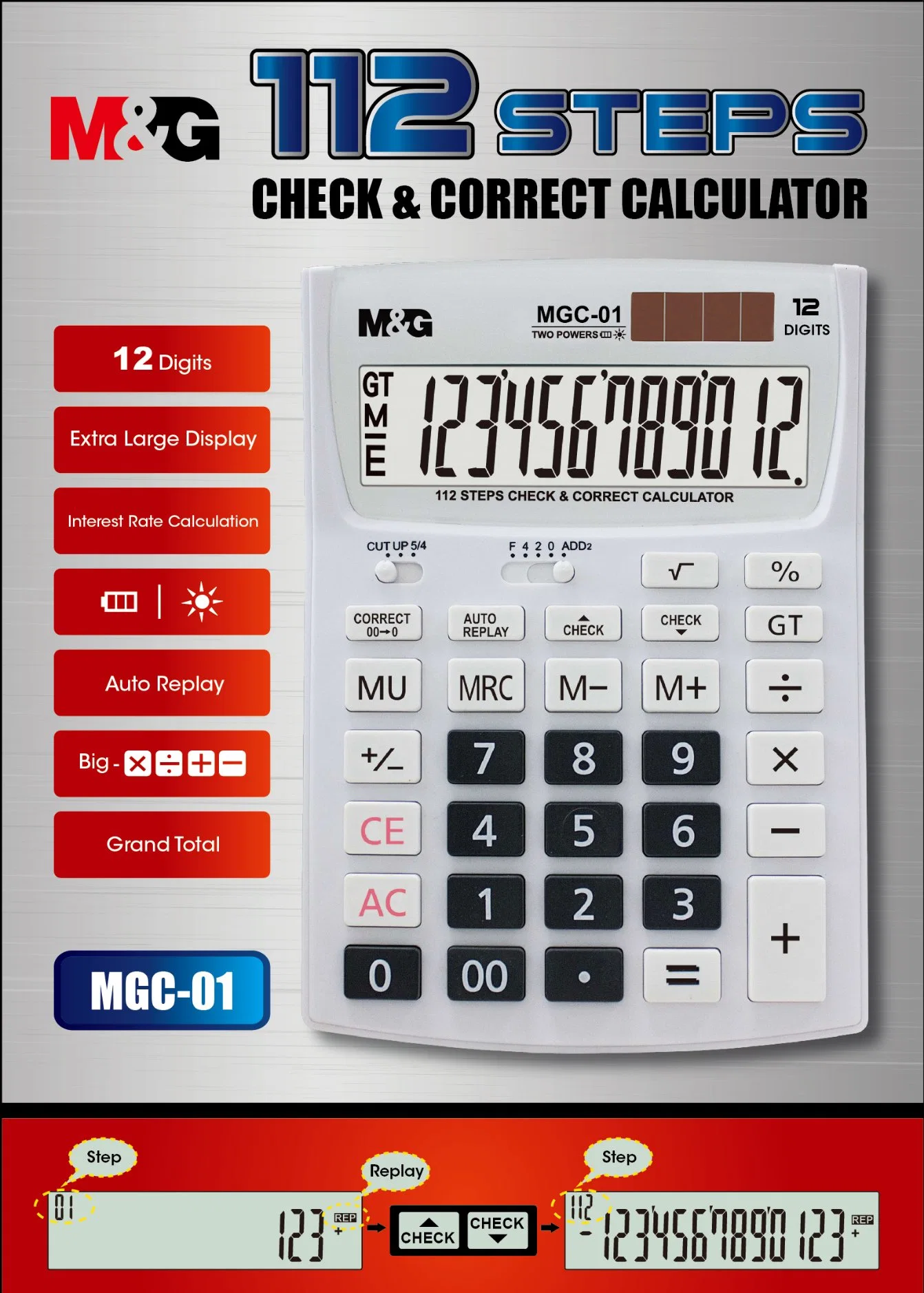 M&G Two Power Desktop Calculator Ideal for Office and Home 112 Steps Check & Correct Calculator 12 Digits Two Way Power Mgc-01