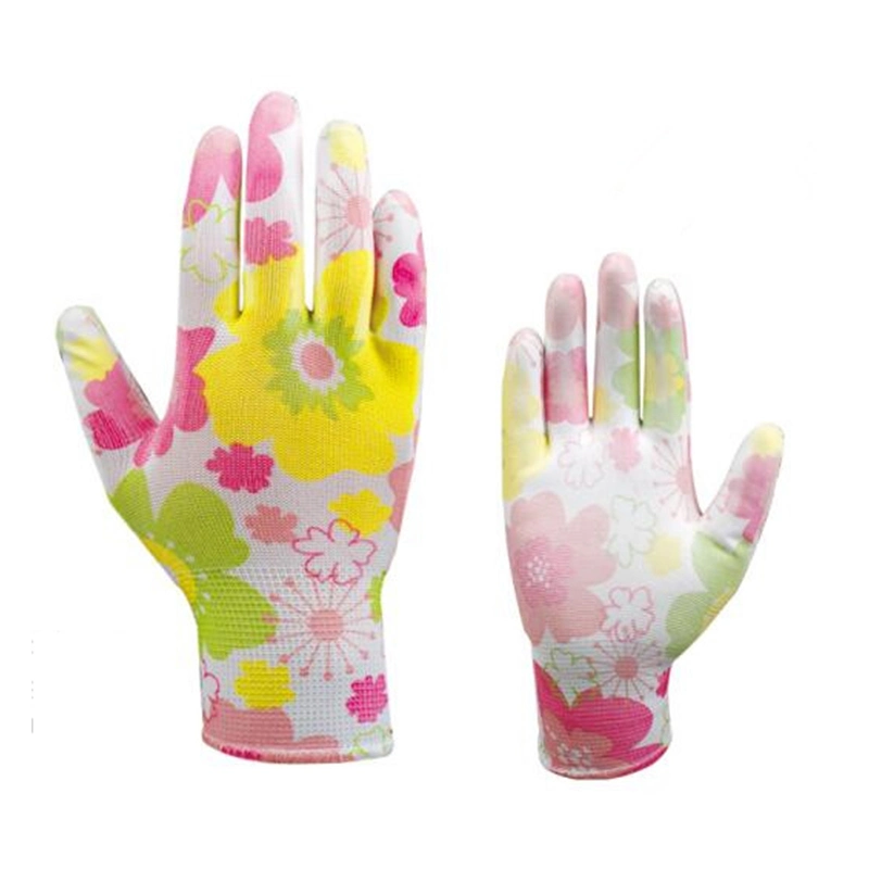 Precios bajos de propósito general Guantes con recubrimiento de PU la impresión de flores jardinería de la mujer guantes de seguridad