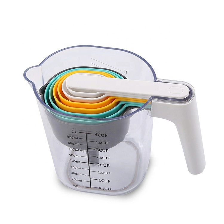 High Quality Good Price Creative 9-Pieces Stackable Transparent 1 Liter Plastic Measuring Cups and Spoons with Handle