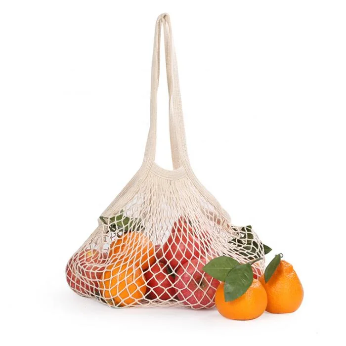 Natural Beige Portable Reusable Market Laundry Grocery Cotton Mesh Tote Shopping Bag with Handle