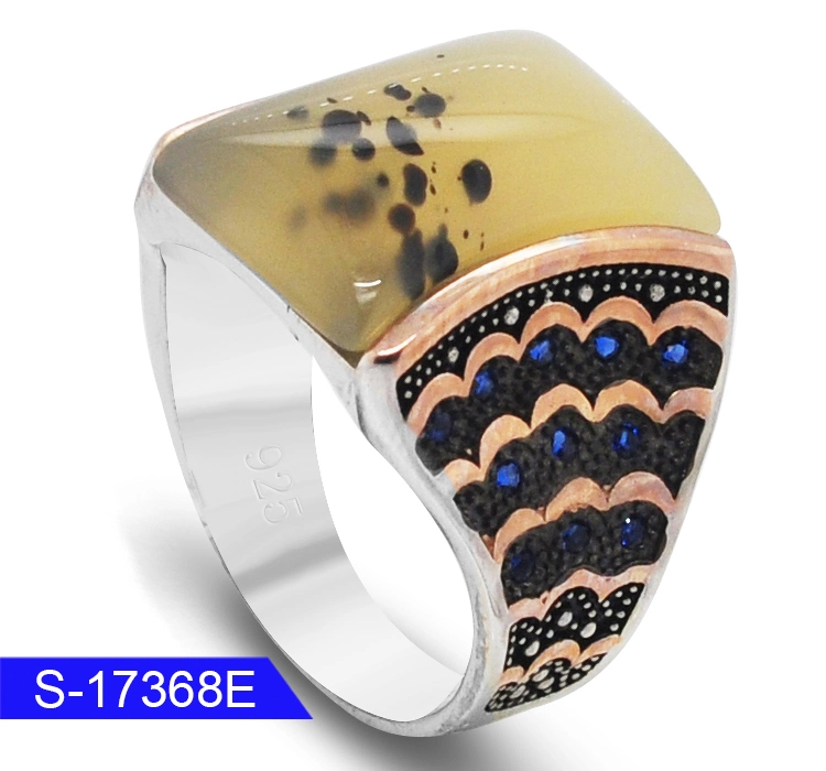 925 Sterling Silver Jewelry Islamic Natural Agate Zirconia Stone Finger Ring for Man