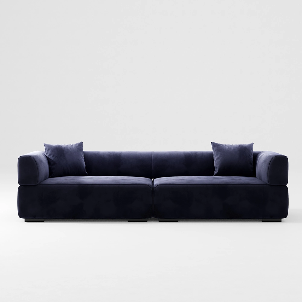 Sofá de asiento profundo minimalista de 110" con brazo articulado, tela de ante, sofá de salón de color azul oscuro