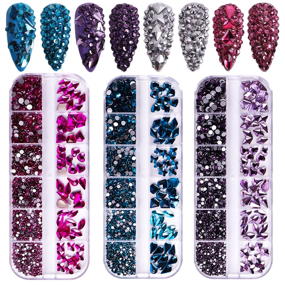 12 Grid Flat Bottom Shaped Diamond Crystal Glass Drill Nail Art Set