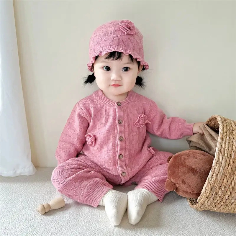 Die neuesten Design-Babykleidung, Strickpullover, niedliche Blumen-Baby-Jumpsuits mit Strickhützen