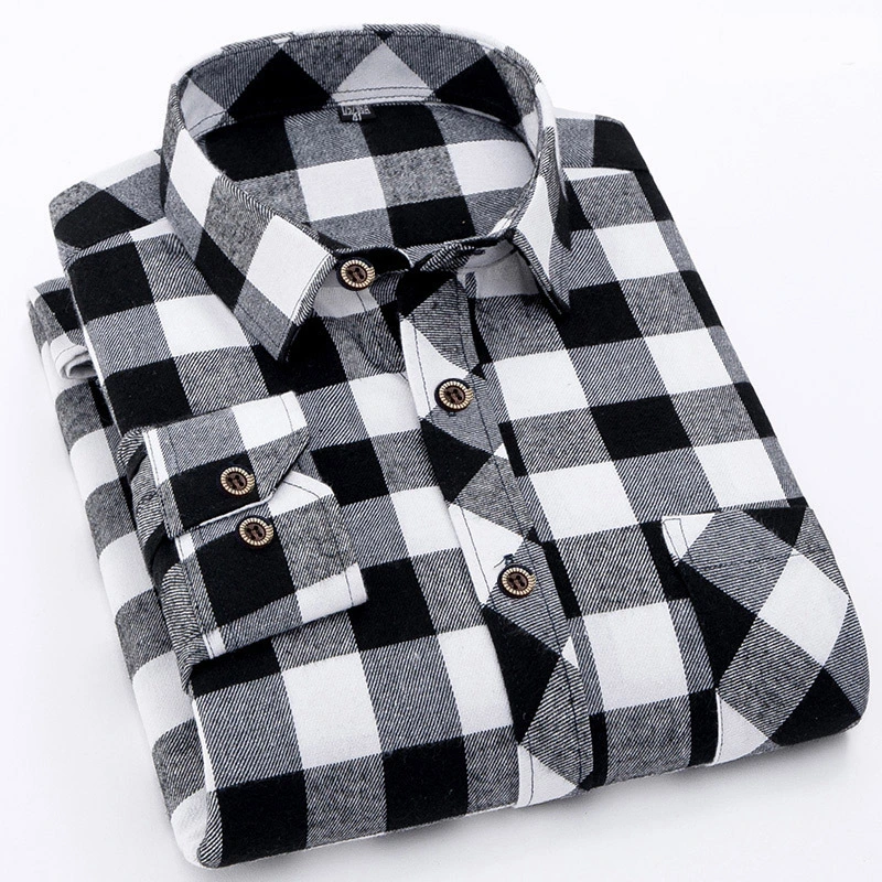 Men Pure Cotton Sanded Fabric Long Sleeve Casual Male Front Pocket Plaid Autumn Winter Classic Checked Shirts