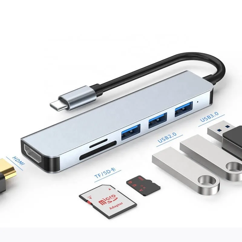 Hubs USB tipo C 6 em 1 para HDMI/HDTV/TF/cartão SD Multi-Port