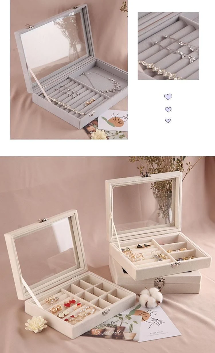 Samt-Tragetasche mit Glasabdeckung Schmuck Ring Display Box Tablett Halter Aufbewahrungsbox Organizer Custom Logo Glas Top Holz Schmuck Organizer Samt Ohrringe