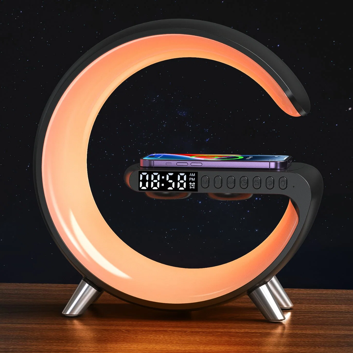Smart RGB Light Wireless Charger with Music Player Alarm Clock Bedside Wake up Light