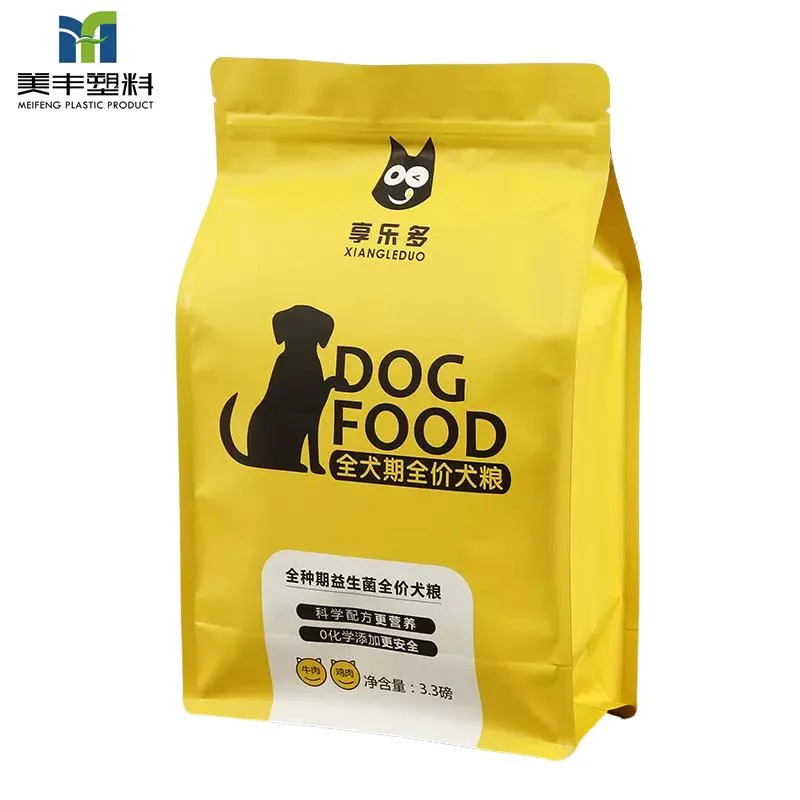 مباشرة الجهة المصنعة اللامعة بأوراق فارنيش مقبض خارجي Pet Food Packaging Bag حقيبة Vecro Zip Quad Seal Bag مسطحة