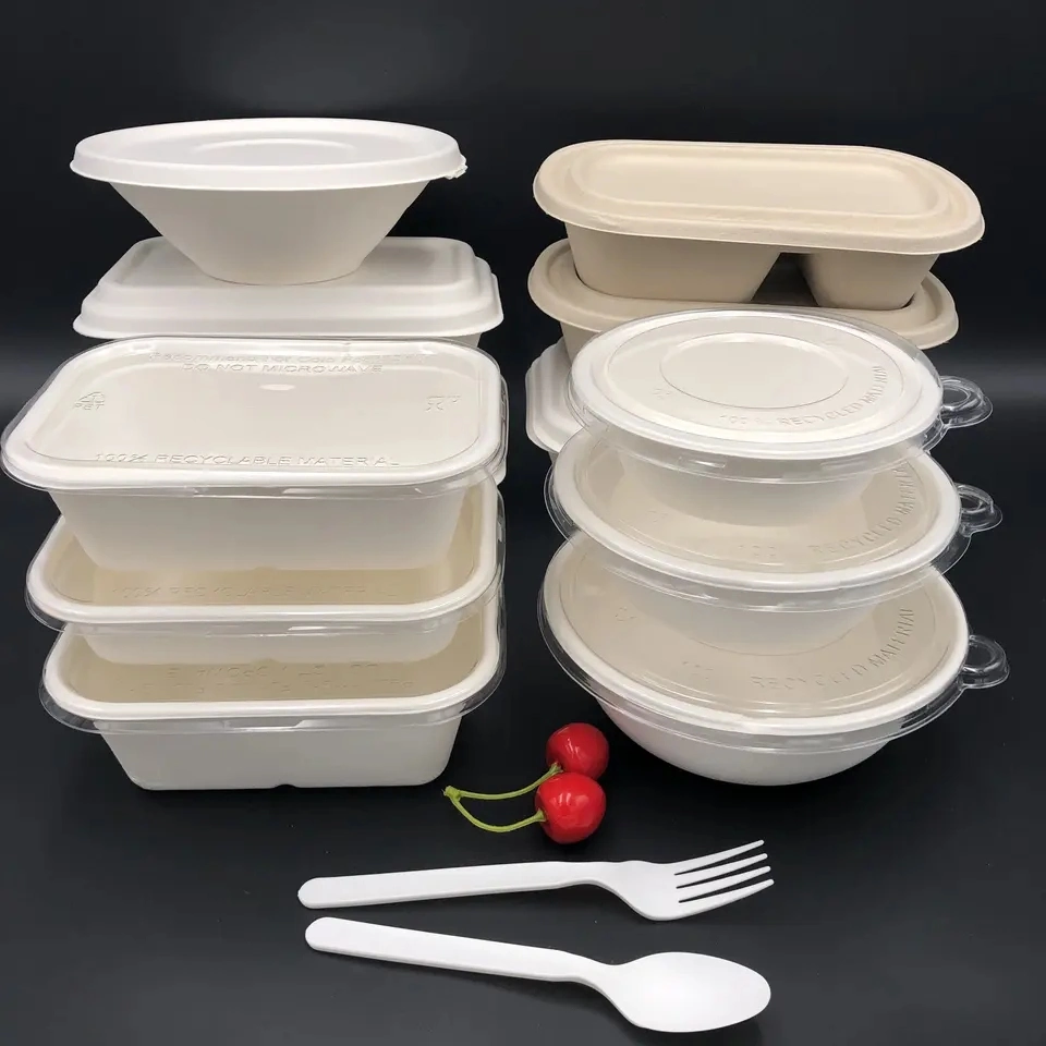 Pasta de papel compostable taza cuenco plato almuerzo Juego biodegradable Azúcar contenedor de comida Bagasse desechable vajilla