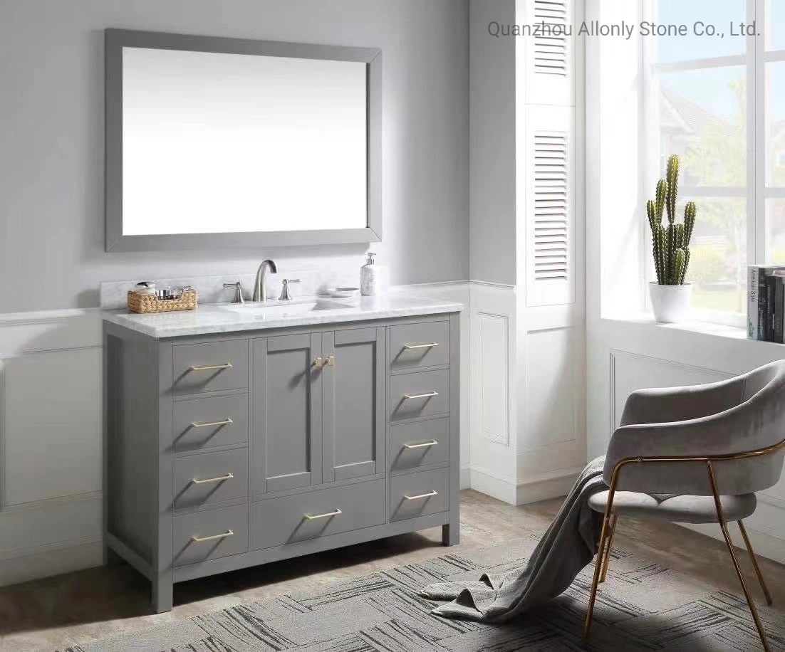 Quarto estilo Vanity Set Design com toucador de mármore Natural Carrara White Topo e dissipador de cerâmica