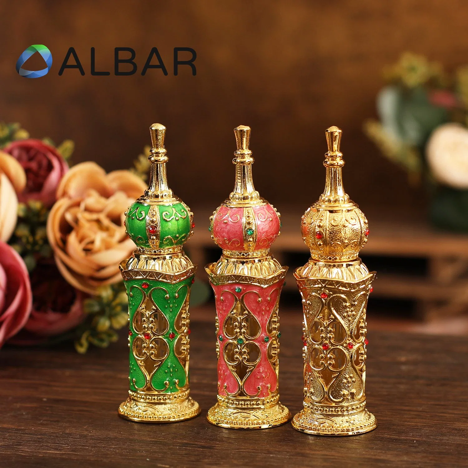 Round Caps Attar Oud Zamac Perfume Bottles with Glass Sticks Green Pink Gold