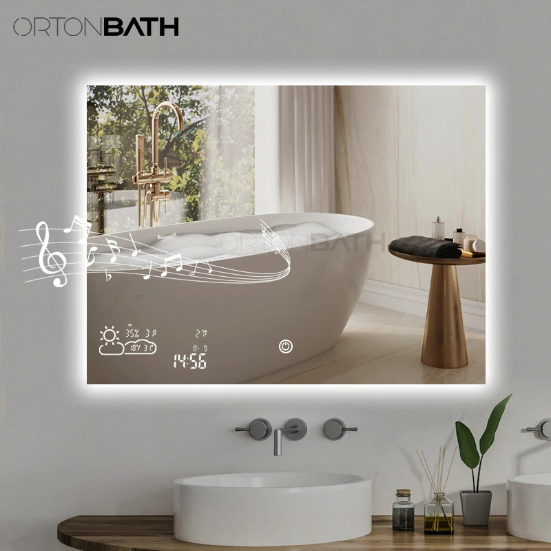 Ortonbat Ванная комната LED Vanity Mirror безрамный прямоугольный Smart Зеркало с сенсорным переключателем, функцией затемнения и тремя цветными затемнением, Bluetooth
