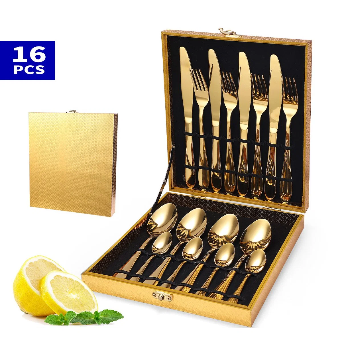 16PCS Luxury Stainless Steel 16 Sittings Black Rainbow Rose Gold Cutlery Set in Wooden Box Case for Wedding Gift