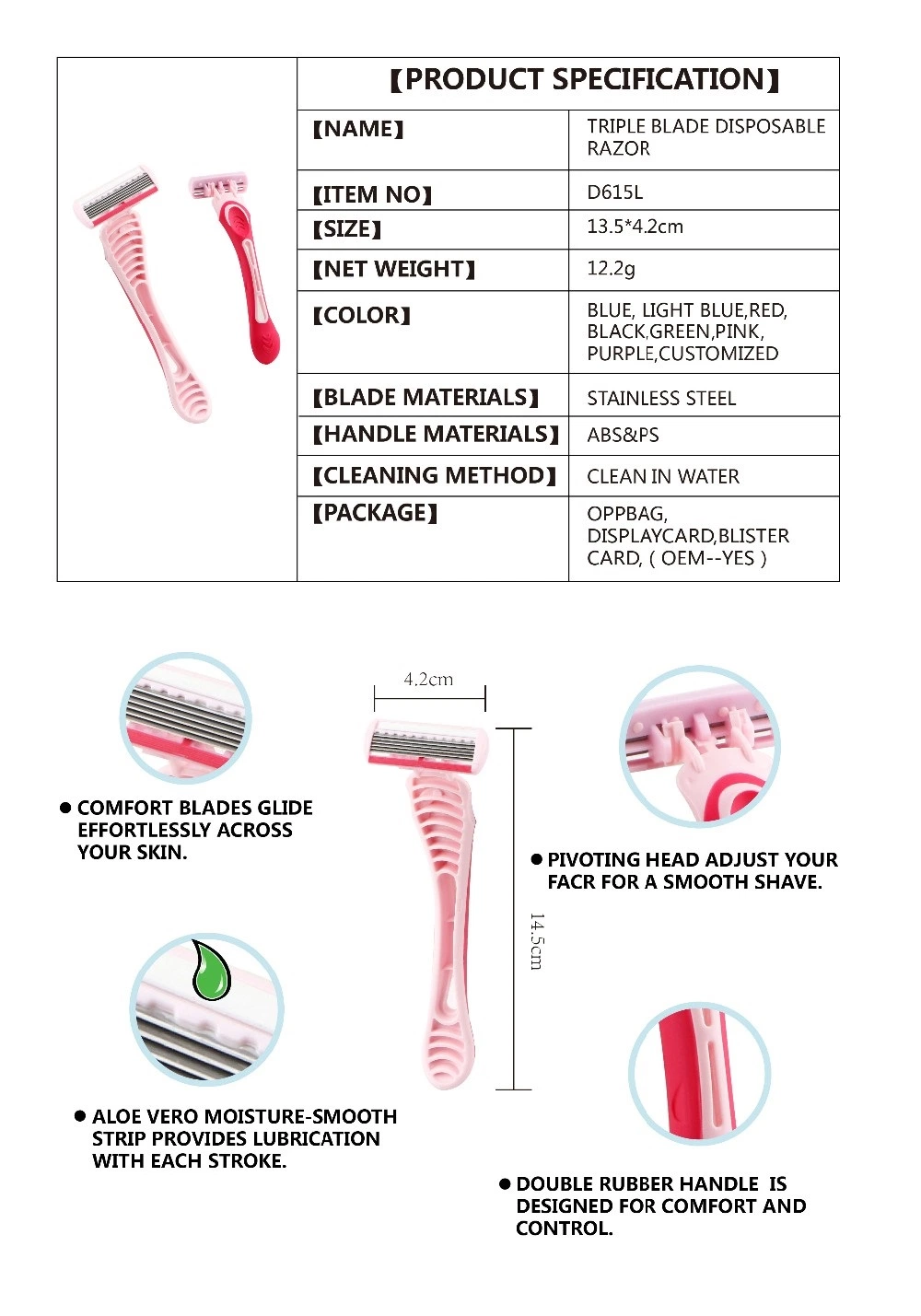 D615L Wholesale/Supplier Rubber Handle Disposable 6 Blade Shaving Razor