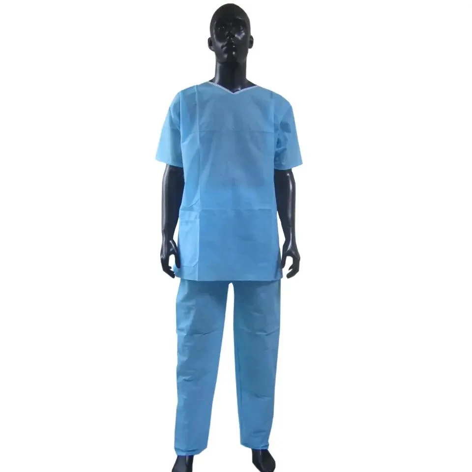 OEM Atacado de manga curta uniformes médicos equipamentos de esfoliação azul de enfermagem Suitl. De limpeza de colarinho em V, não entrançada, descartável