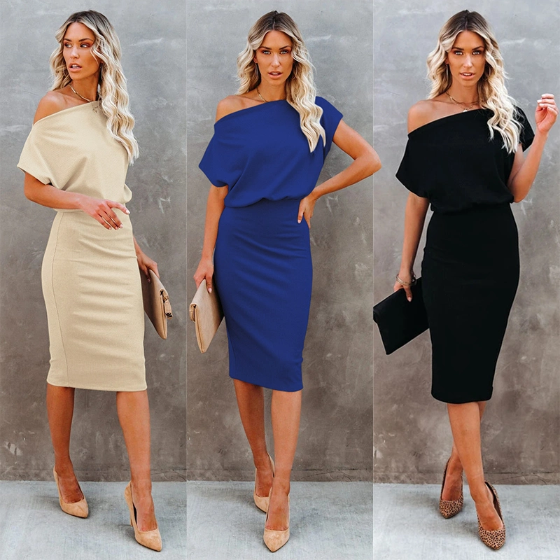 Hot Style Women Solid Color Fashion Apparel Buttocks Shoulders Short Sleeves Dresses Lady Dress