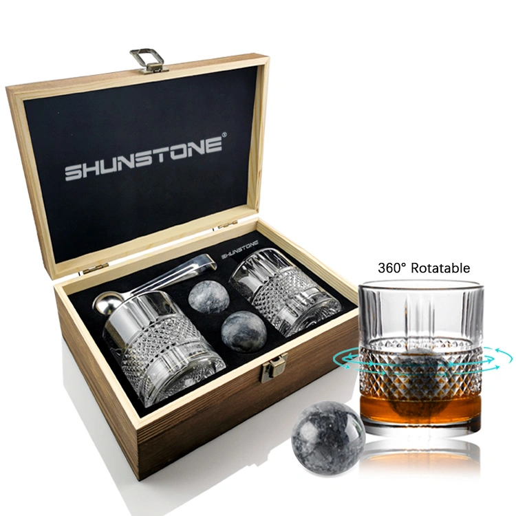 Round Embossed Creative Wine Drink Glass Tumblers Whiskey Stones Whisky Glass Gift Set in Luxury Wooden Box