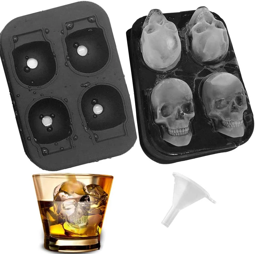 Food Grade 3D Halloween Skull 4 Grids Silicone Ice Cube Tray with Lids