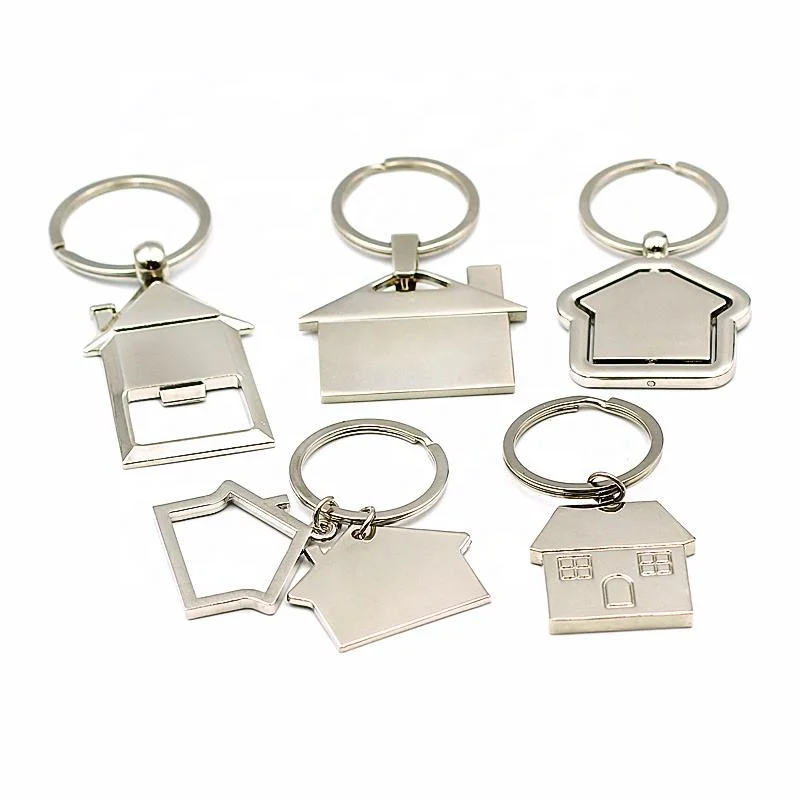 Custom Latest Design Iron Blank Sublimation Aluminium Key Ring Hotel Motel Keychain Blank Metal Real Estate Spinner Metal Keychain Silver House Shaped Keyring