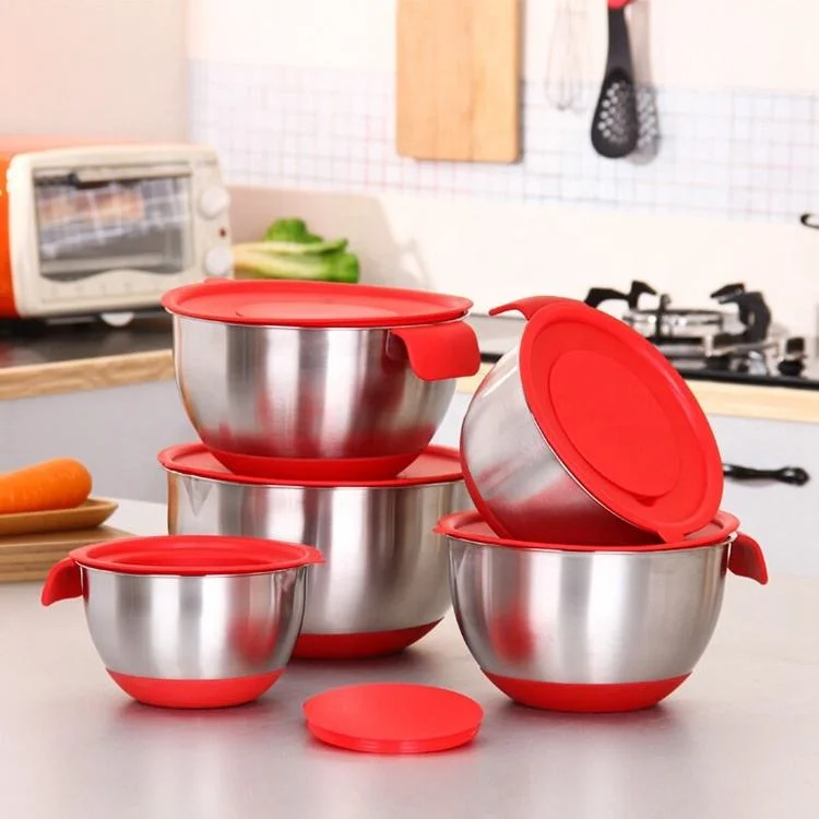 Multi-Functional Cooking Utensil Stainless Steel Bakeware Mixing Bowl Non-Slip Silicone Base Salad Mixing Bowls Set