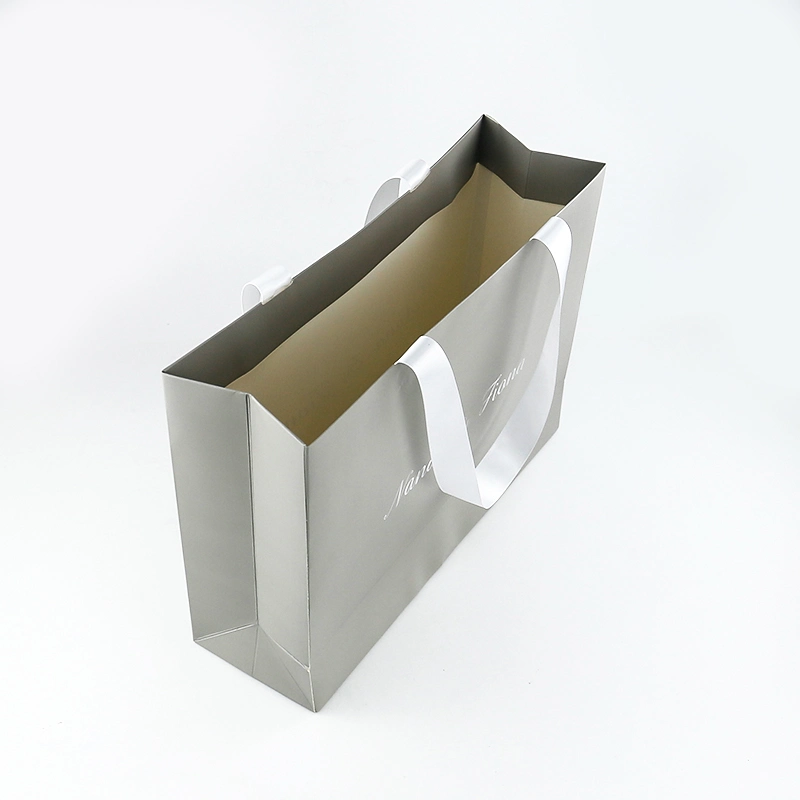 Spot Printing Gray Color 210GSM Paper Carrier Bag with Satin Ribbon