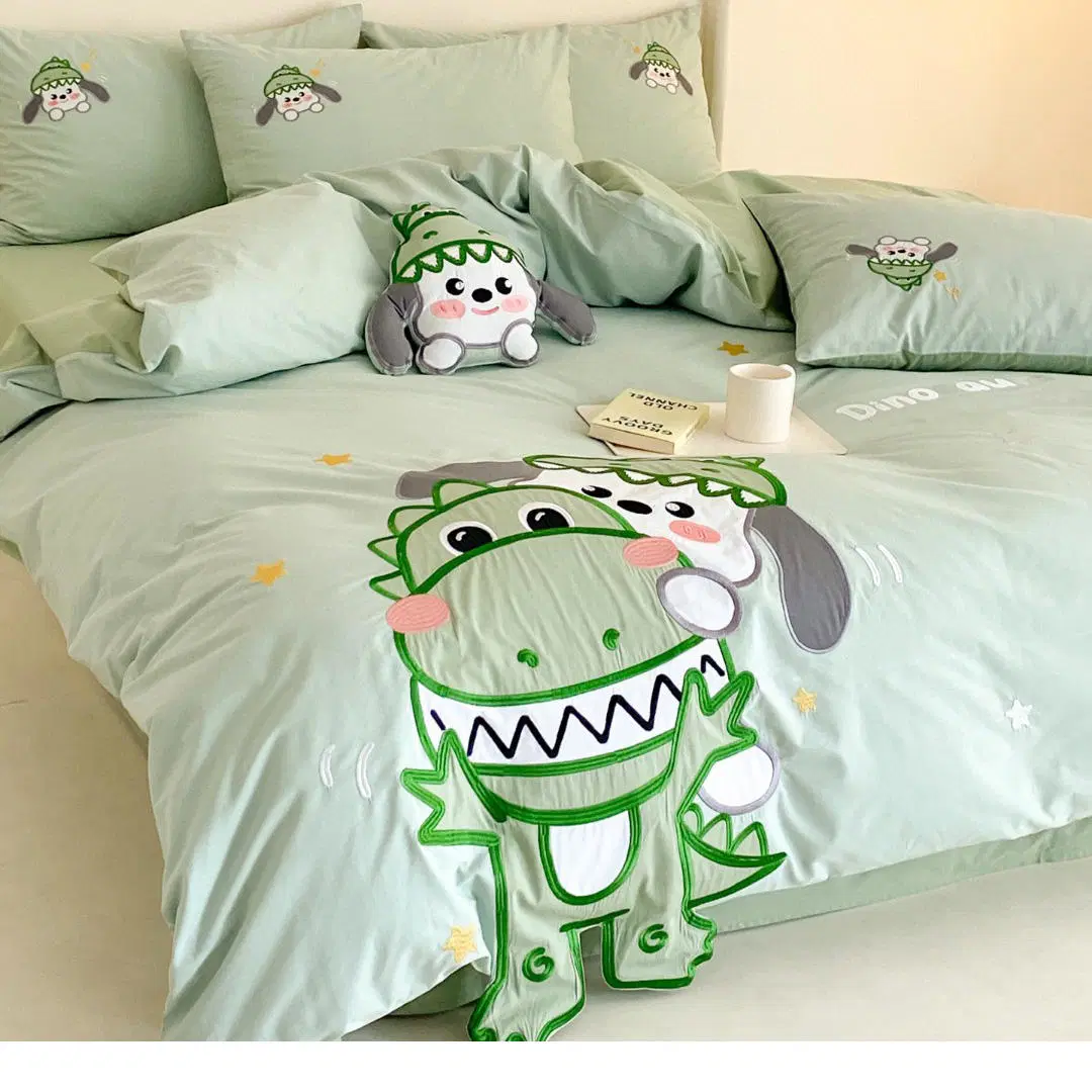 Hellgrün Cartoon Stickerei Bettdecke Bezug 100% Gewaschen Baumwolle König Größe ODM Bettlaken Premium Kinder Heim Textil 4PCS Bettwäsche Lieferant Festlegen