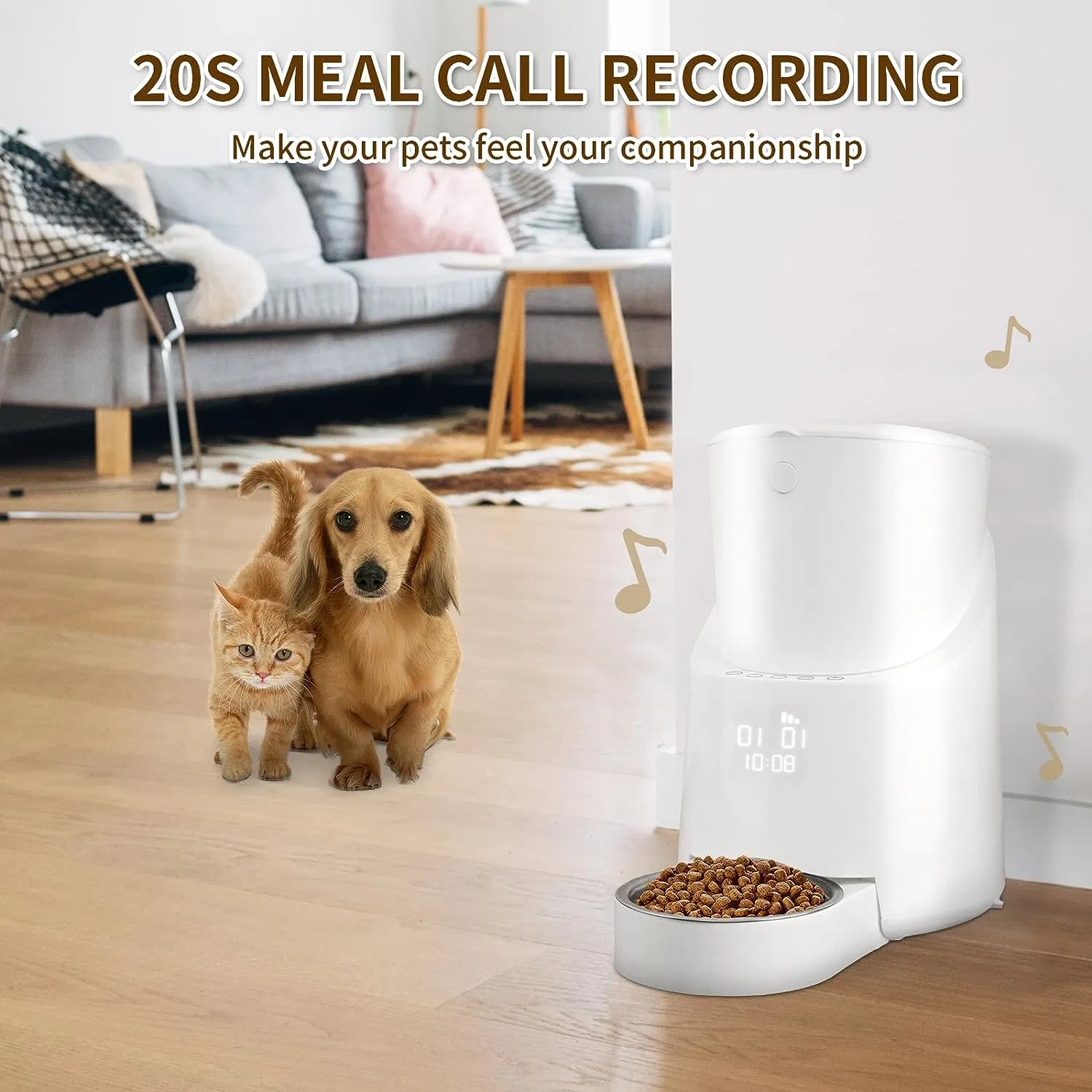 Distribuez 1 à 7 repas programmés de croquettes, couvercle verrouillable, bol en acier inoxydable, mode double alimentation, appel de repas de 20 secondes. Distributeur automatique de 5L pour chats et chiens.