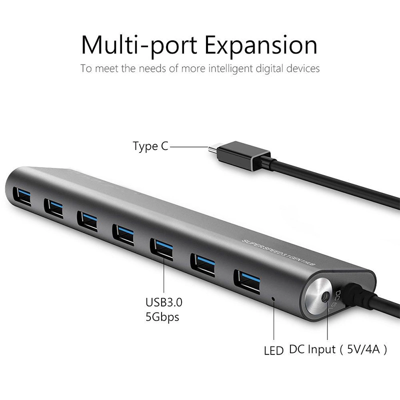 High Power USB-C to USB3.0 7 Port Aluminum Hub