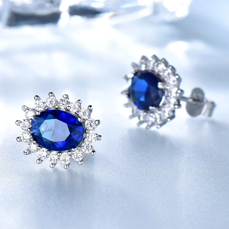 Luxury Genuine 925 Sterling Silver Earrings for Women Blue Sapphire Diana Wedding Party Jewelry