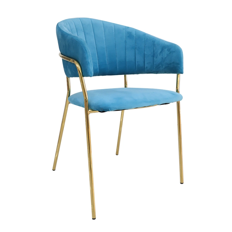 Chaise de salle à manger en velours bleu avec pieds en fer chromé pour meubles de maison en gros pour salon.