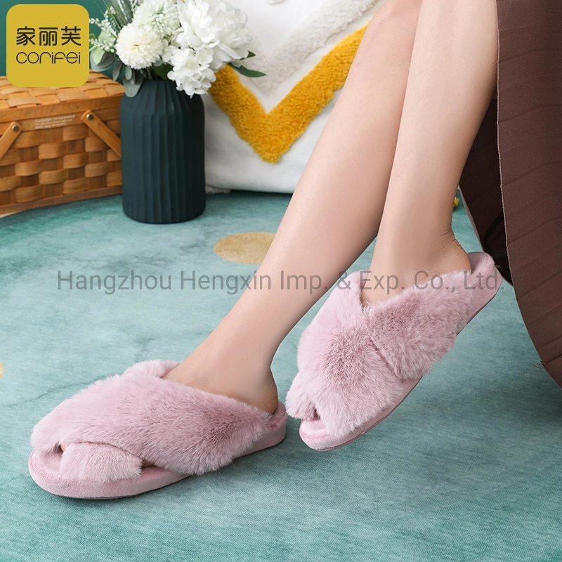 31930 House Furry Stripe Slippers Indoor Women Soft Foam Footwear