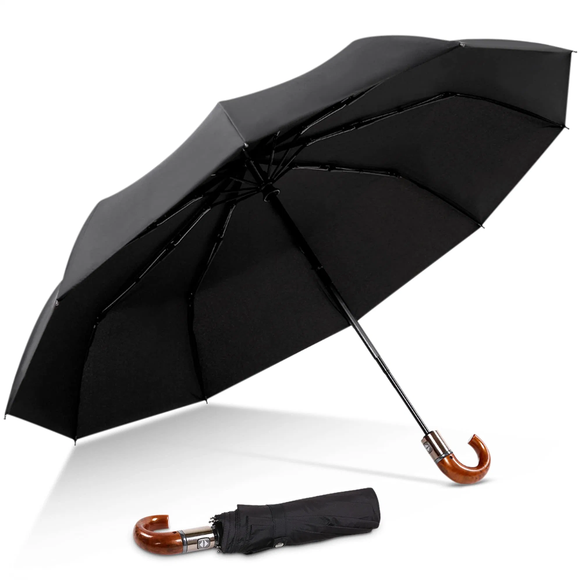 Luxueux hommes parapluie repliable automatique ouvert fermé en bois J poignée compacte Parapluie solaire extérieur de voyage d'affaires coupe-vent