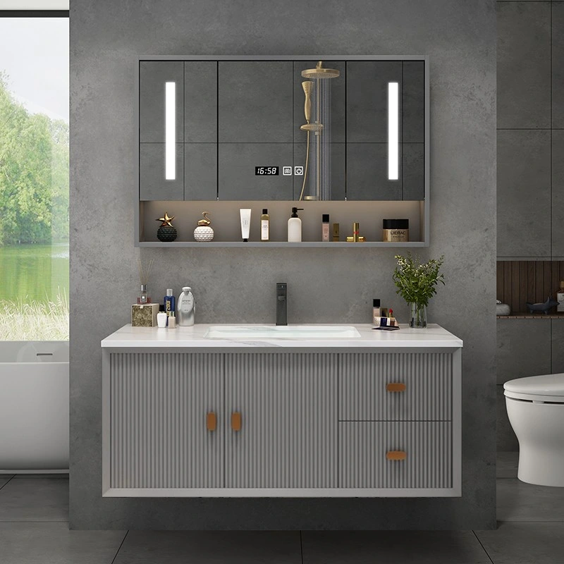 Meuble de salle de bain mural de conception extérieure exquise de couleur grise de 120 cm avec armoire de toilette de design irrégulier et miroir LED.