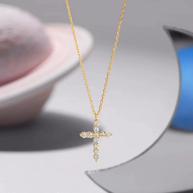 Fashion Luxury 925 Sterling Silver CZ Diamond Cross Pendant Jewelry 14K Gold Plated Cross Necklace for Women Men