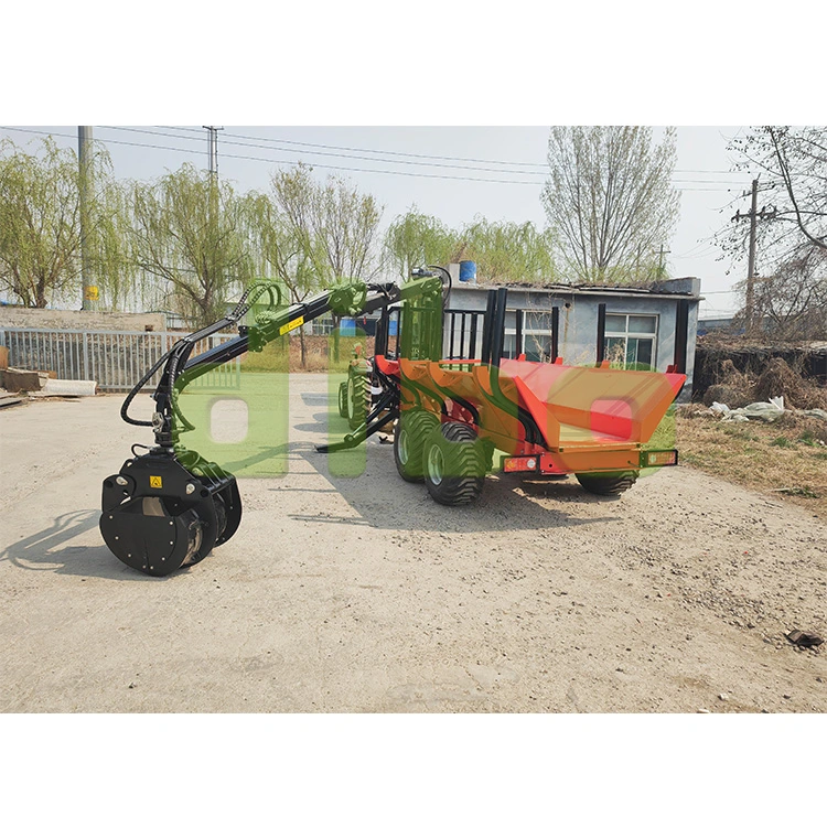 CE Remorque à timon basculante hydraulique pour VTT avec benne pour le transport agricole de cargaison, de bois de chauffage et de grumes, équipée d'une grue à commande à distance et d'un treuil.